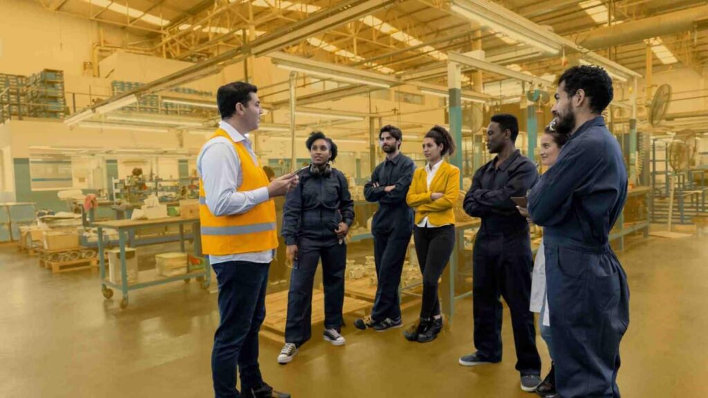 chef d'usine parlant à ses employés